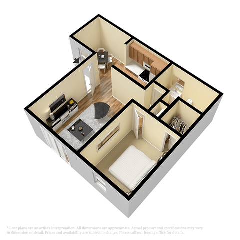 Floor plan for 1 bed, 1 bath, 596 sqft